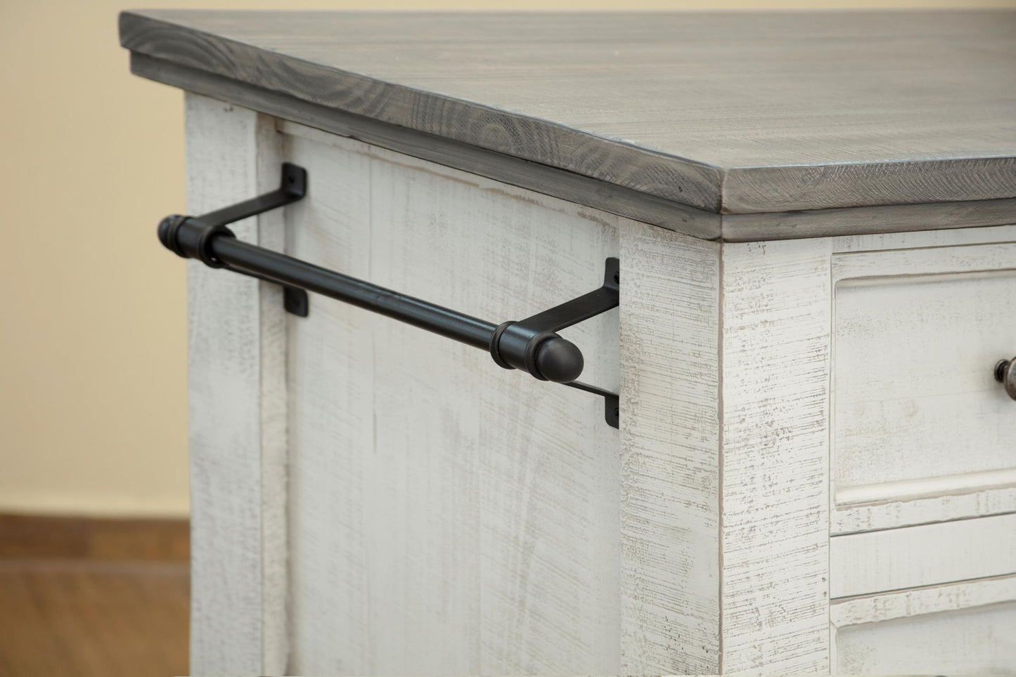 Stone - Kitchen Island With 3 Drawer / 2 Doors / 4 Shelves And Casters - Antiqued Ivory / Weathered Gray