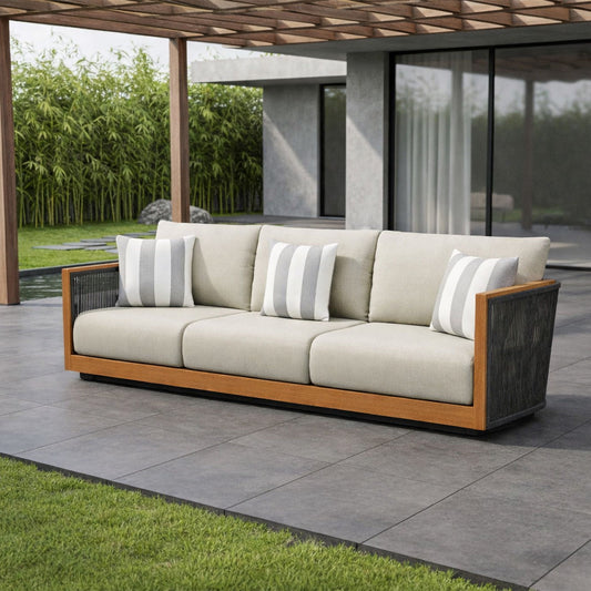 Veranda - Wicker & Wood Outdoor Sofa With Cushions - Natural / Gray / Brown